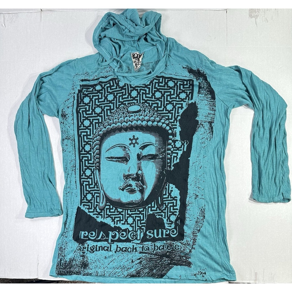 Sure Buddha Graphic Hoodie Long Sleeve Shirt Teal Boho Festival Top 2XL